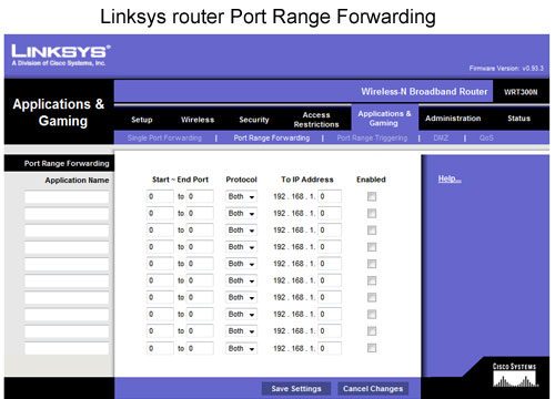 Прямая настройка диапазона портов Linksys