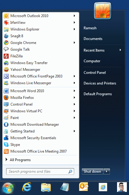 Windows Start меню закрепленных пунктов резервного копирования