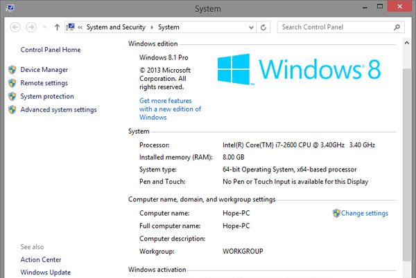 Свойства системы Windows 8