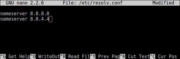 Редактирование /etc/resolv.conf в системе linux с помощью текстового редактора nano
