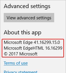 Настройки, отображающие текущую версию Microsoft Edge.