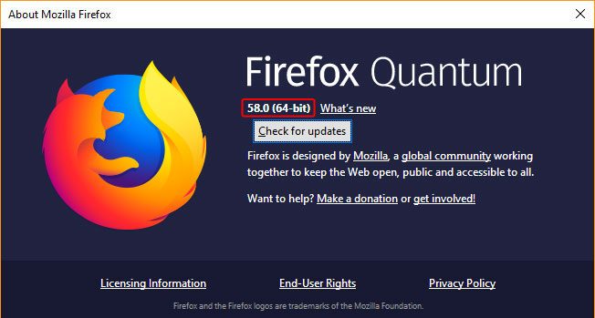 Окно, которое показывает детали о Firefox.