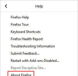 Пункт меню, чтобы показать информацию о Firefox.