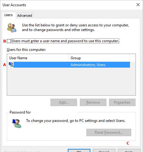 Учетные записи пользователей для отключения пароля запуска в Windows.