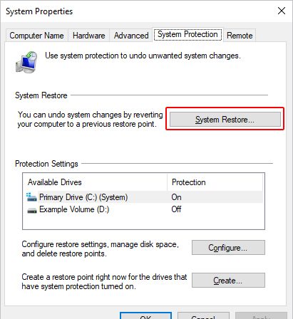 Кнопка восстановления системы Windows 10