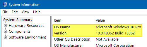 найти версию Windows 10 сборки bitness msinfo32