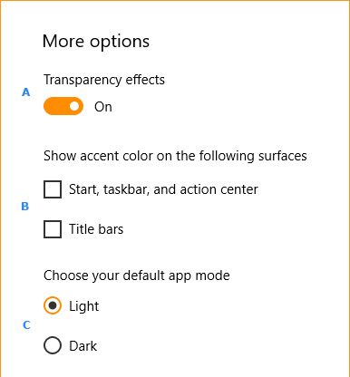 Дополнительные параметры раздела для цветов в Windows 10.