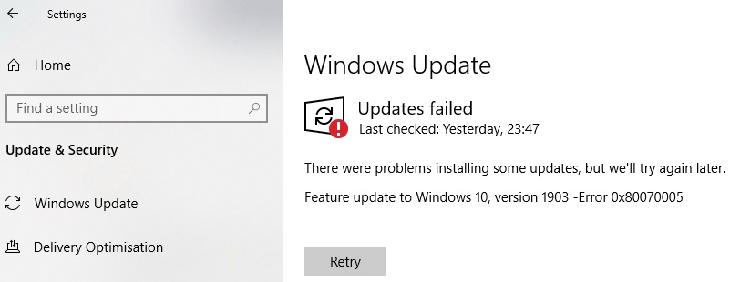 Ошибка Windows 10 0x80070005 при установке обновления компонента 1903