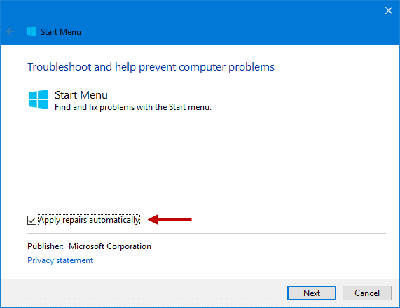 средство устранения неполадок меню «Пуск» для Windows 10