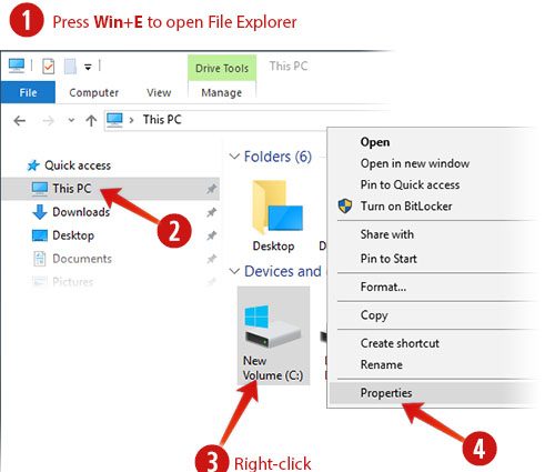 Доступ к диску's properties in the Windows 10 File Explorer