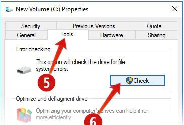 Выбор проверки ошибок на вкладке «Инструменты» в свойствах диска Windows 10