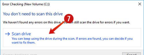 Выбор Scan Disk в окне проверки ошибок Windows 10