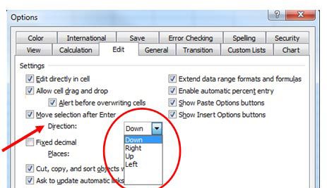 Изменение направления перемещения выбора после нажатия Enter в Excel