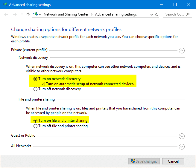 расширенные настройки общего доступа в Windows 10 - все сети
