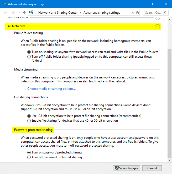 расширенные настройки общего доступа в Windows 10
