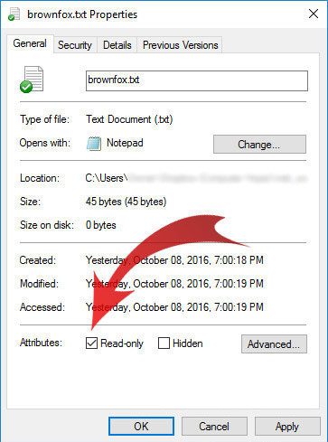 Атрибут только для чтения, указанный в окне свойств файла Windows 10