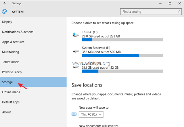 Настройки хранения Windows 10