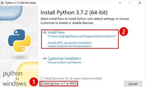 Снимок экрана: установка Python 3.7.2 для Windows.