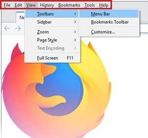 Строка меню файла отображается в Firefox.