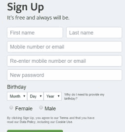 Форма регистрации в Facebook