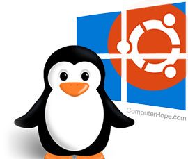 Пингвин Tux, с Ubuntu, проходящим через Windows.