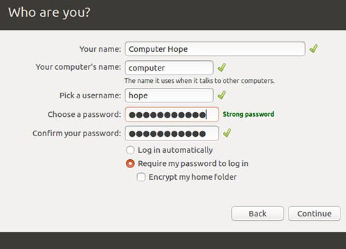 Установщик Ubuntu, создающий учетную запись пользователя