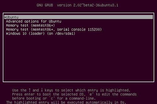 GRUB2 отображает параметры загрузки для Ubuntu и Windows 10