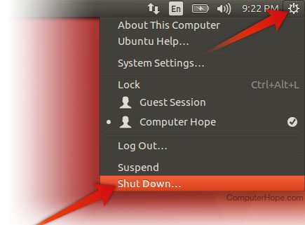 Выбор выключения в меню Ubuntu