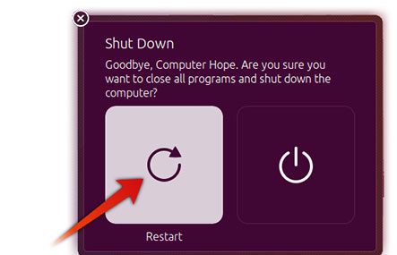 Выбор перезагрузки в меню выключения Ubuntu