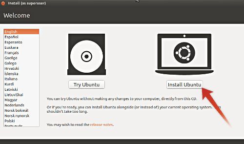Экран приветствия Ubuntu LiveISO