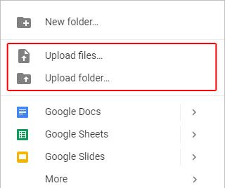 Выпадающее меню используется для выбора файлов и папок для добавления на Google Drive.