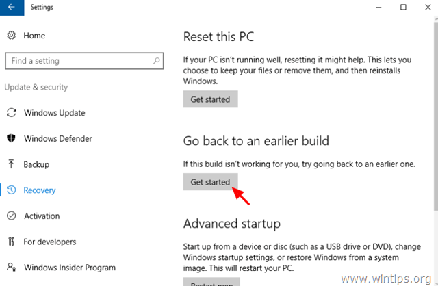 Вернуться к более ранней версии Windows 10