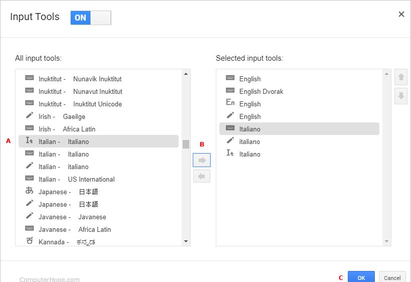 Добавление языка, клавиатуры или стилуса в Gmail.