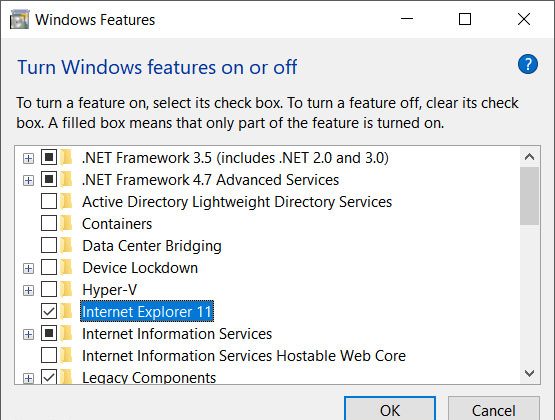 Снимите флажок, чтобы удалить Internet Explorer