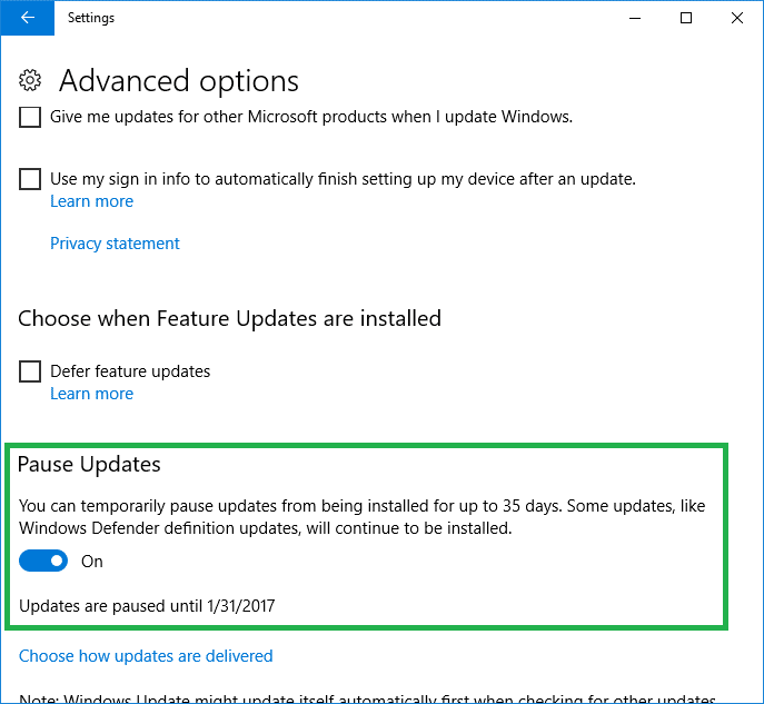 Приостановка обновления в Windows 10