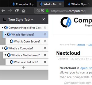 Снимок экрана: Расширение Tree Style Tabs для Firefox.