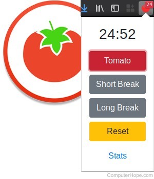 Логотип и скриншот: дополнение Tomato Clock для Firefox.