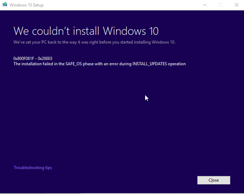 Ошибка обновления Windows 800f081f - 0x20003 с включенным режимом разработчика