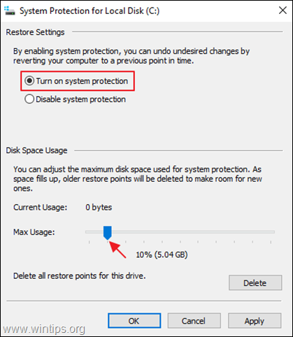 Включить защиту системы Windows 10