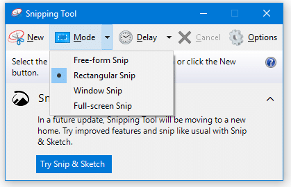Сделать Snipping Tool по умолчанию новым Snip при запуске