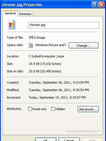 Свойства файла с путем расположения в Microsoft Windows