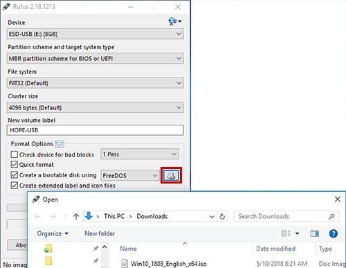 Снимок экрана: щелкните значок диска в Rufus, выберите загруженный файл Windows ISO и нажмите «Открыть».