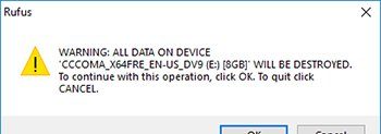 Снимок экрана: окончательное предупреждение перед перезаписью USB.