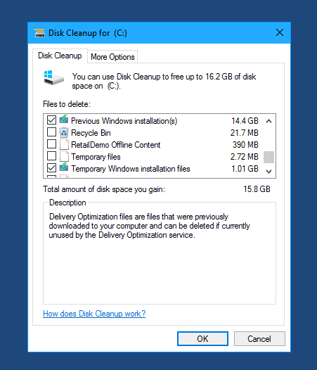 свободное место на диске после обновления Windows