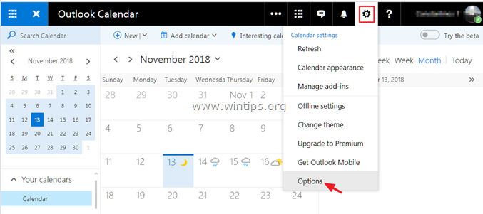 Экспорт календаря Outlook.com