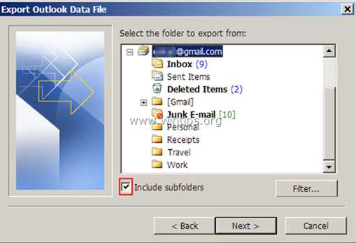 экспортировать gmail в pst файл