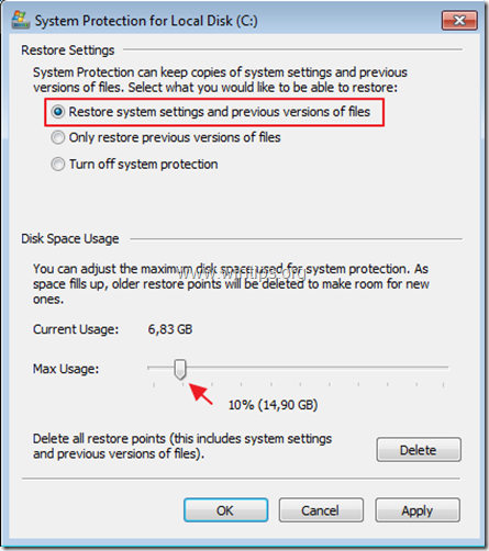 Включите восстановление системы защиты Windows 7