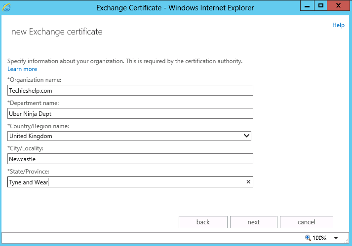 введите данные сертификата exchange 2013
