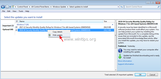 Скрыть обновления в Windows 7