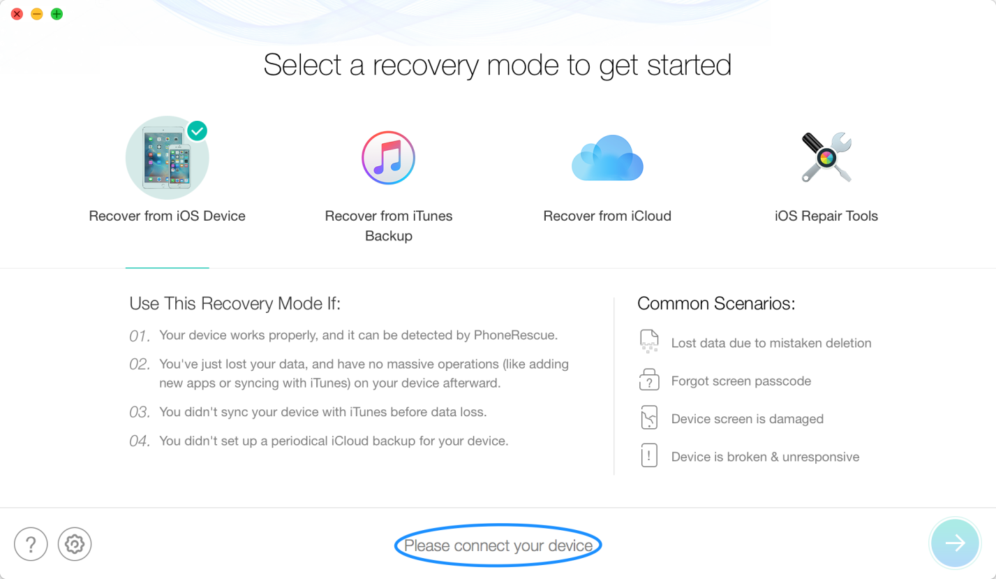 Как восстановить потерянные данные на iPhone / iPad во время обновления до iOS 13 через PhoneRescue - Шаг 1